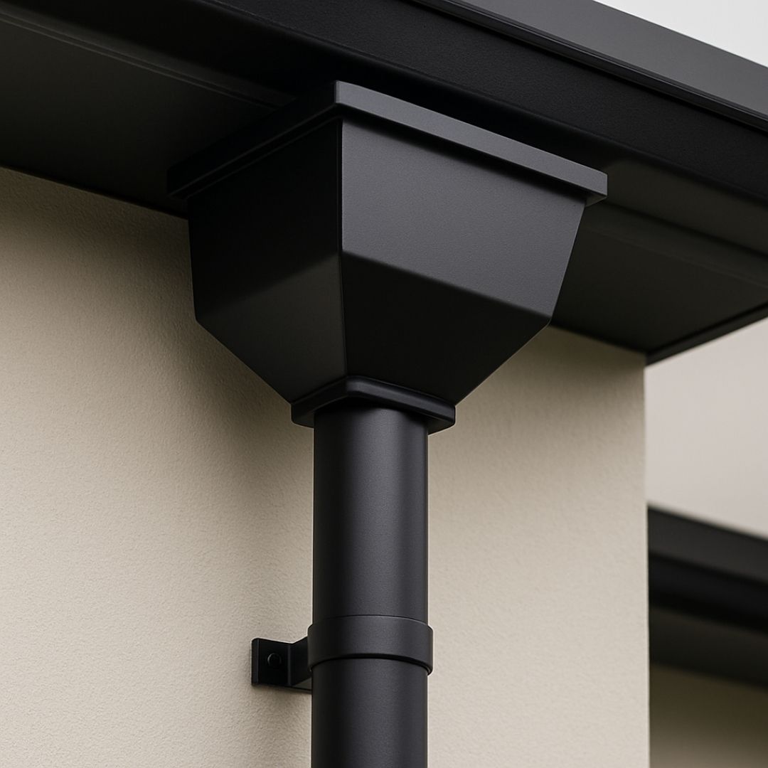 Custom metal downpipes and rainheads installed for efficient water flow.
